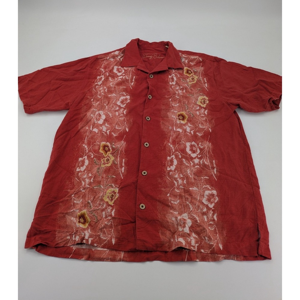 Tommy Bahama Shirt Mens Medium Red Orange Silk Tropical Floral Islands Embroider